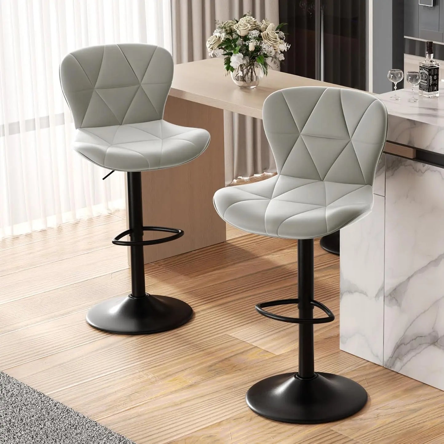 Modern Bar Stools Set of 2, Adjustable Faux Leather Upholstered
